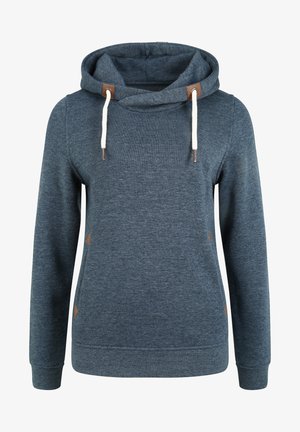 Sweatshirt à capuche en tissu bleu foncé avec une texture lisse, arborant des cordons crème et des accents en cuir marron.