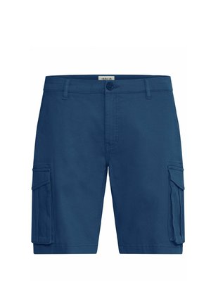 Shorts cargo bleu marine en coton, dotés de deux poches latérales et d'une fermeture à bouton, avec des coutures solides et une texture douce.