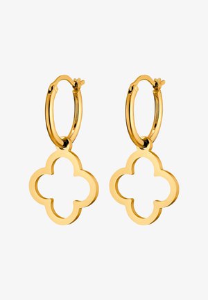 Goldene Creolen mit einem floralen Vierpass-Design, glänzender Oberfläche und sicherem Scharnierverschluss für ein bequemes Tragen.