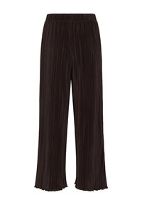 Pantalon large marron foncé avec une texture plissée et une taille élastique, avec un ourlet légèrement froncé en bas.