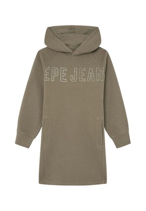 Długa sukienka z kapturem w oliwkowym kolorze, z długimi rękawami, przednimi kieszeniami i napisem "PEPE JEANS" wyszytym na biało na wysokości piersi.