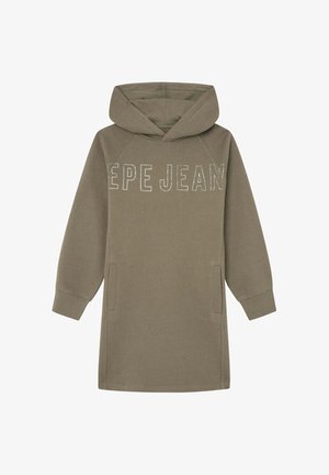 Olijfgroene jurk met lange mouwen en capuchon, voorzakken en "PEPE JEANS" met witte stiksel op de borst.
