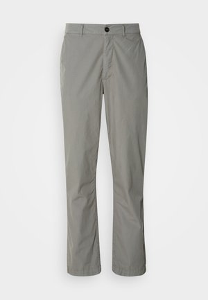 Light gray trousers made of lightweight fabric. They feature a front button closure, slanted pockets, and a straight leg design.
