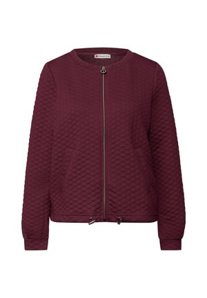 Veste matelassée à manches longues en bordeaux foncé avec fermeture éclair à l'avant et encolure ronde, dotée de cordons ajustables à l'ourlet.