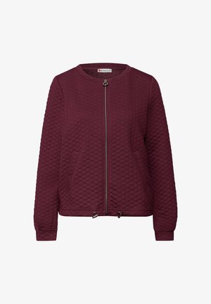 Chaqueta acolchada de manga larga en burdeos oscuro con cremallera frontal y cuello redondo, con cordones ajustables en el dobladillo.