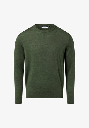 Dark green sweater, made of a soft knit material. Features a round neckline and long sleeves with ribbed cuffs and hem.