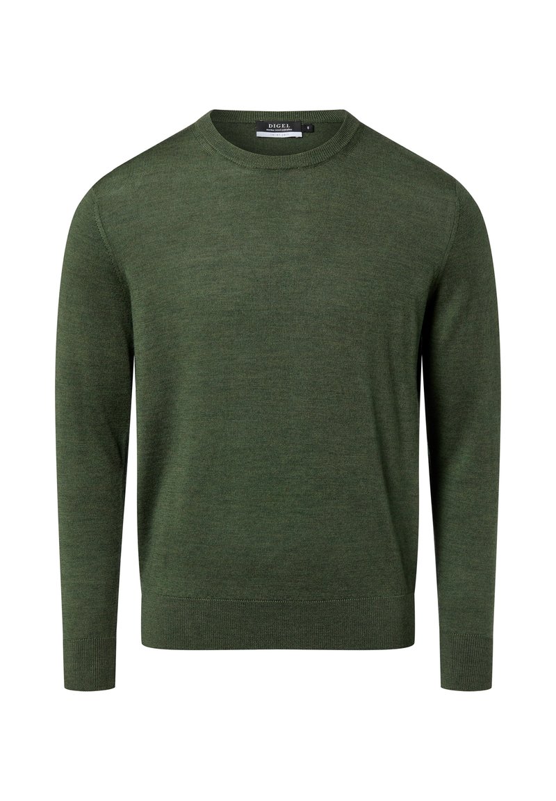 Dark green sweater, made of a soft knit material. Features a round neckline and long sleeves with ribbed cuffs and hem.