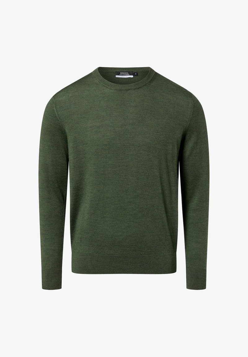 Dark green sweater, made of a soft knit material. Features a round neckline and long sleeves with ribbed cuffs and hem.