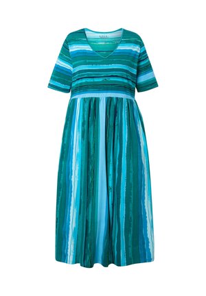 Pruhované šaty s krátkými rukávy, véčkovým výstřihem a volným střihem. Vyrobeny z měkké tkaniny v odstínech modrozelené, modré a zelené.