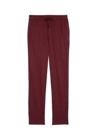 Burgundy loungebukser lavet af blødt stof, med en elastisk talje og snøre, samt et lige ben design.