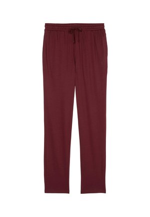 Pantaloni lounge bordeaux realizzati in morbido tessuto, con vita elasticizzata e stringa di regolazione, e design a gamba dritta.
