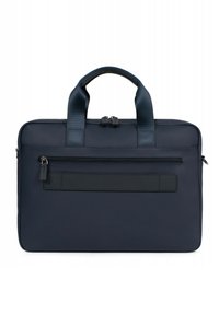 Borsa per laptop di colore blu navy con doppi manici, esterno liscio, tasca frontale con zip e design elegante. Realizzata in materiale durevole e strutturato.