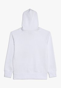 Felpa bianca semplice vista da dietro, con maniche lunghe, cappuccio e polsini e orlo a coste.