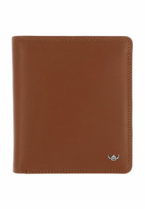 Braune Leder-Bifold-Geldbörse mit sichtbarer Naht und kleinem metallischem Logo in der unteren rechten Ecke.