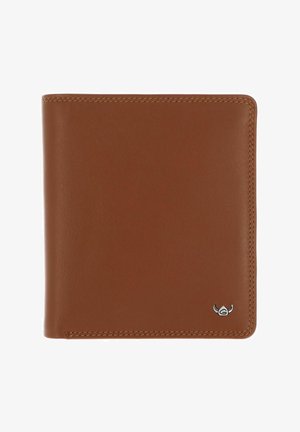 Portefeuille bifold en cuir marron avec des coutures visibles et un petit logo métallique en bas à droite.