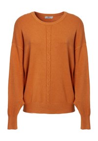 Orangener Strickpullover mit Rundhalsausschnitt, überschnittenen Schultern und Zopfmusterdetail in der Mitte; gerippte Bündchen und Saum.