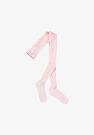 Ružové rebrované pančuchy s jemnou textúrou a vystuženou špičkou. Vyrobené z elastického materiálu, navrhnuté pre pohodlné nosenie.