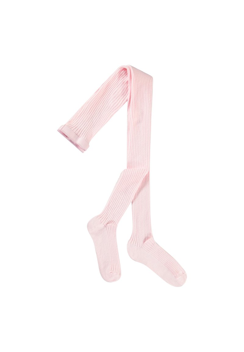 Rosa ribbade strumpbyxor med en mjuk textur och förstärkta tår. Tillverkade av elastiskt material, designade för att vara komfortabla att bära.