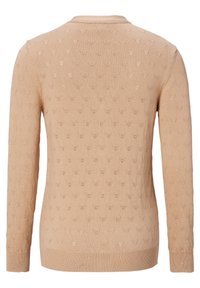 Maglione a maglia beige chiaro con un motivo testurizzato di piccoli cuori, collo rotondo e maniche lunghe. Materiale morbido e design aderente.