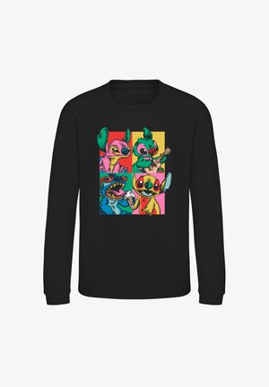 Sort sweatshirt med et farverigt grafik af tegneseriefigurer i fire kvadrater, der viser forskellige udtryk og handlinger.
