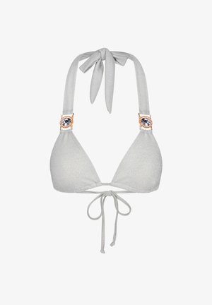 Hopeinen kolmio bikinitoppi kimaltavalla kankaalla, säädettävillä nauhoilla ja strassikoristeilla olkapäissä. Solmittava selässä.