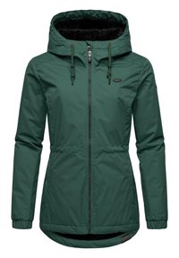 Veste à capuche verte avec fermeture éclair à l'avant, cordons de serrage ajustables et intérieur en polaire. Dotée de poignets élastiques et d'un ourlet courbé.