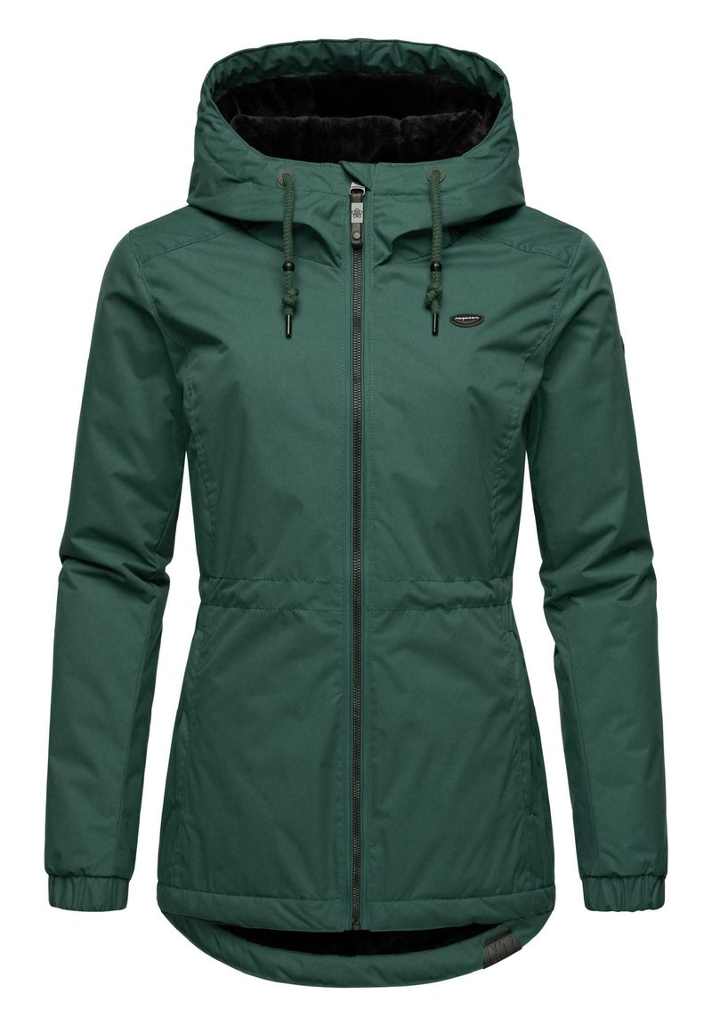 Veste à capuche verte avec fermeture éclair à l'avant, cordons de serrage ajustables et intérieur en polaire. Dotée de poignets élastiques et d'un ourlet courbé.