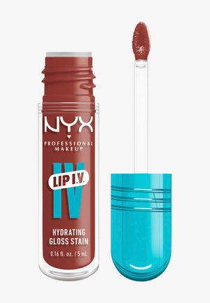 NYX Professional Makeup Lip I.V. feuchtigkeitsspendender Gloss-Farbstift in bräunlich-rot mit klarem Behälter und leuchtend blauem Applikator.