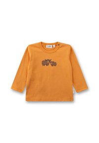 Orange Langarm-Babyshirt mit zwei dunkelbraunen Yaks, die auf der Brust gedruckt sind, und Druckknöpfen an der linken Schulter.