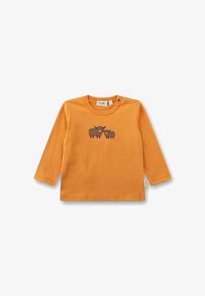 Orange Langarm-Babyshirt mit zwei dunkelbraunen Yaks, die auf der Brust gedruckt sind, und Druckknöpfen an der linken Schulter.