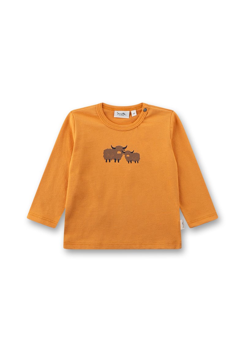 Orange Langarm-Babyshirt mit zwei dunkelbraunen Yaks, die auf der Brust gedruckt sind, und Druckknöpfen an der linken Schulter.