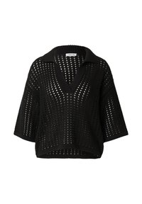 Zwarte gebreide poncho-stijl top met een brede kraag, een losse pasvorm en een opengewerkte structuur met korte mouwen en een band aan de onderkant.