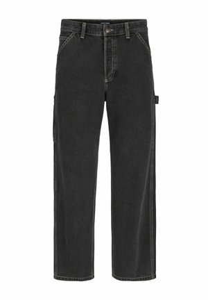 Črne denim cargo hlače s ravnim krojem, ki imajo rumene šive in stranske žepke. Oblikovane so z gumbnim zapiranjem in zanko za pas.