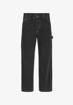 Zwarte denim cargobroek met een rechte pijp, voorzien van gele stiksels en zijzakken. Ontworpen met een knoopsluiting en riemlussen.