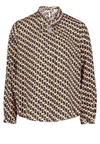 Blusa stampata con un motivo geometrico in nero, beige e marrone. Presenta un collo alto, maniche lunghe e una vestibilità comoda. Tessuto leggero.