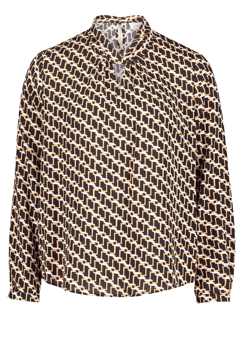 Blusa stampata con un motivo geometrico in nero, beige e marrone. Presenta un collo alto, maniche lunghe e una vestibilità comoda. Tessuto leggero.