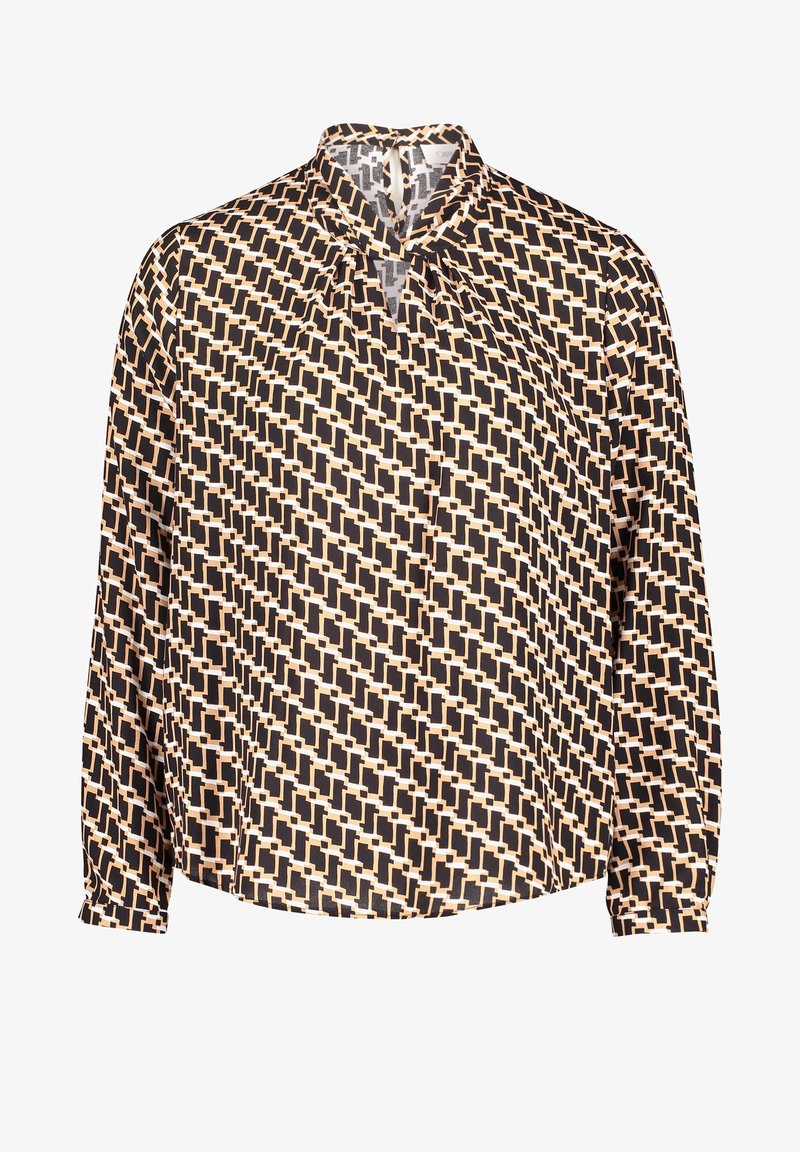 Blusa impresa con un patrón geométrico en negro, beige y marrón. Presenta un cuello alto, mangas largas y un corte relajado. Tela ligera.