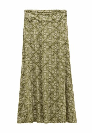 Olivgrüner Midirock mit beigem Blumen- und Diamantmuster, hoher Taille und ausgestelltem A-Linien-Schnitt.