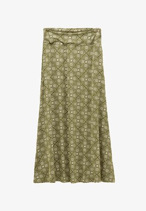 Oliivroheline midi seelik beeži lille- ja teemantmustritega, kõrge vöökohaga ja lõhestatud A-lõikega.
