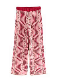 Rote und weiße weite Hosen mit Wellenmuster. Aus strukturiertem Stoff mit elastischem Bund und kontrastierenden Kanten gefertigt.