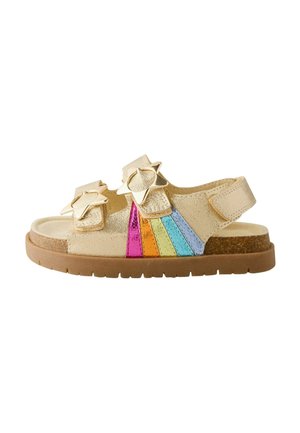 Child’s gold sandal with double star buckles and rainbow-colored leather stripes on side, cushioned cork sole, and Velcro back strap.