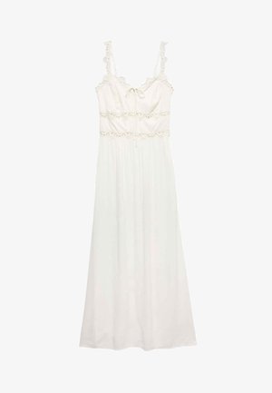 Vestido largo blanco sin mangas con ribete de encaje en el corpiño y las tiras, con lazada frontal y detalle de cintura fruncida.