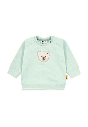 Hellgrüner Baby-Sweatshirt mit langen Ärmeln und einem bestickten beigefarbenen Teddybärgesicht auf der Brust.