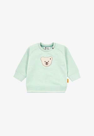 Hellgrüner Baby-Sweatshirt mit langen Ärmeln und einem bestickten beigefarbenen Teddybärgesicht auf der Brust.