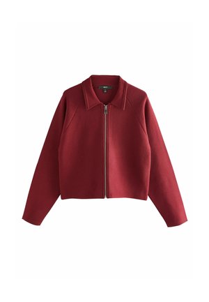 Bordeauxfarbene Zip-Übergangsjacke mit Kragen, runden Schultern und cropped Design. Hergestellt aus weichem Stoff mit glatter Textur.