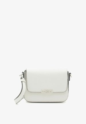 White textured leather crossbody bag with flap closure and silver-tone "LCREDI" logo on front, featuring an adjustable strap.