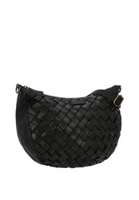 Black leather shoulder bag with woven pattern, crescent shape, and adjustable strap with brass buckle and rings.