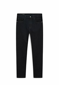 Czarne dżinsy o slim fit, z pięcioma kieszeniami, kontrastowym przeszyciem i zapięciem na guzik w pasie.