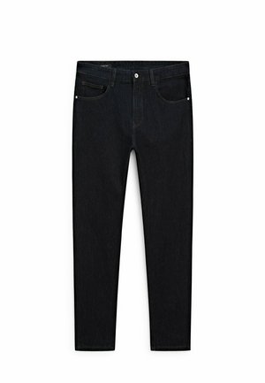 Zwarte denim jeans met een slim fit ontwerp, voorzien van vijf zakken, contrasterende stiksels en een knoopsluiting bij de taille.