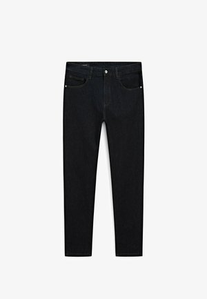 Czarne dżinsy o slim fit, z pięcioma kieszeniami, kontrastowym przeszyciem i zapięciem na guzik w pasie.